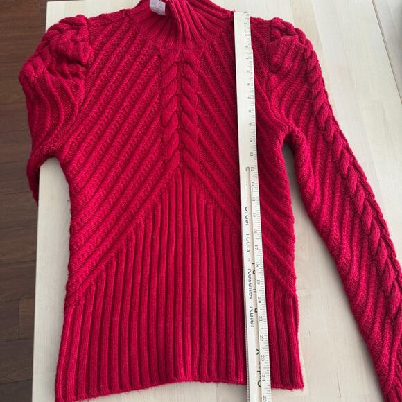 White House Black Market Sweater Medium Red Cable Knit Puff Sleeve Turtleneck - Picture 14 of 14